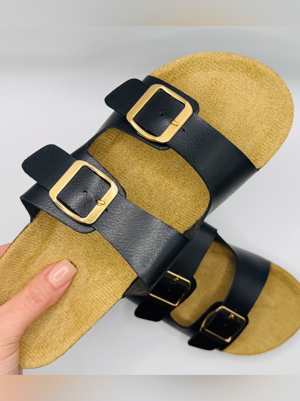 NWT Classic Double Buckle Black Cork Footbed Sandals - Size 7
